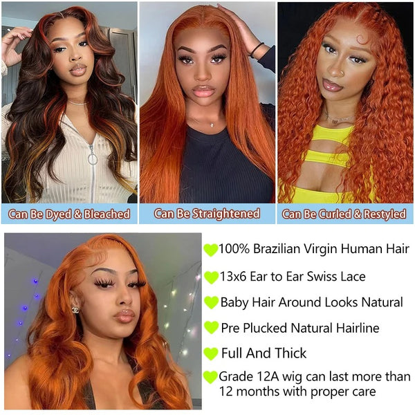 Ginger Orange 13x6 Lace Front Wigs Human Hair 200% Density Body Wave Wig 350 Colored Human Hair Wig Pre Plucked