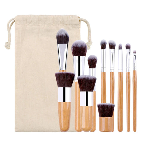 11 Bamboo Color Handle Makeup Brushes With Storage Bag Foundation spatula Makeuo brushes Eyeshadow brushes Hair accesoriises Bbl