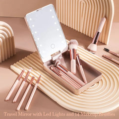 Versatile Luxurious Makeup Brush Set with Mini LED Light Mirror - Flawless for Daily Use or Travel - Ultra-soft Synthetic Bristl