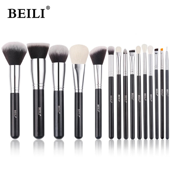 BEILI Black 15 Pcs Makeup Brushes Professional Natrul Goat Synthetic Hair Foundation Powder Eyeshadow Brush Make Up Tools