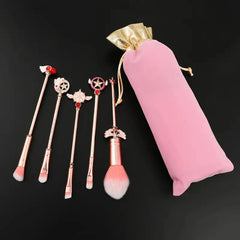 Professional Sakura Anime Series Magic Wand Makeup Brushes Set - Complete 5pcs Cosmetic Make Up Brush Kit for Flawless Applicati