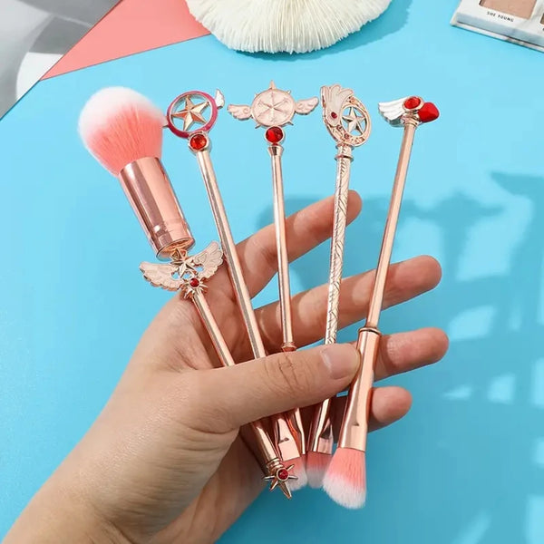 Professional Sakura Anime Series Magic Wand Makeup Brushes Set - Complete 5pcs Cosmetic Make Up Brush Kit for Flawless Applicati