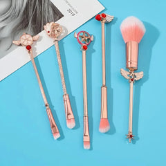 Professional Sakura Anime Series Magic Wand Makeup Brushes Set - Complete 5pcs Cosmetic Make Up Brush Kit for Flawless Applicati