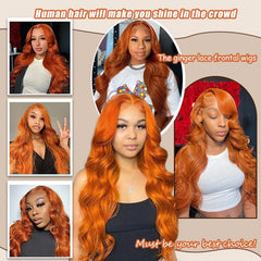 Ginger Orange 13x6 Lace Front Wigs Human Hair 200% Density Body Wave Wig 350 Colored Human Hair Wig Pre Plucked